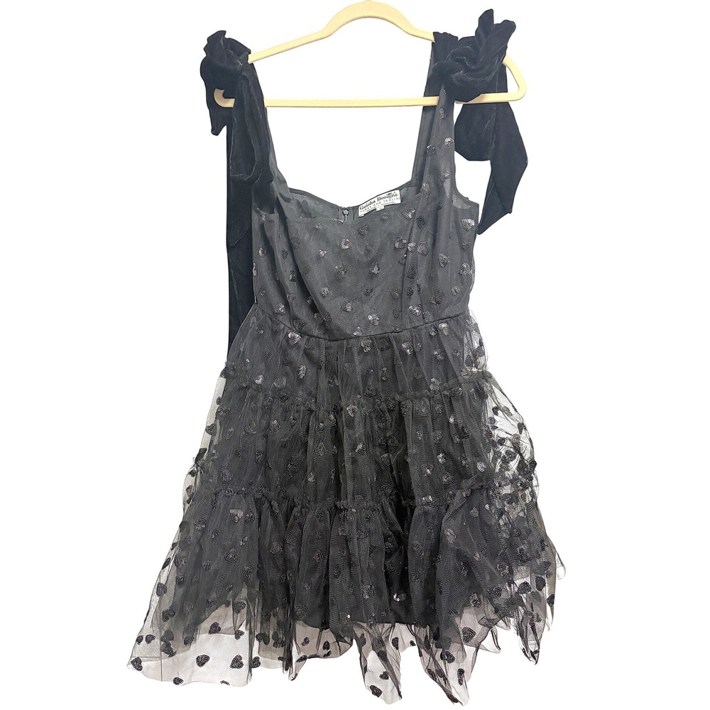 Anthropologie Geisha Designs Mini Dress Black Heart Sequin Tulle Velvet Bows 6 - Picture 3 of 10